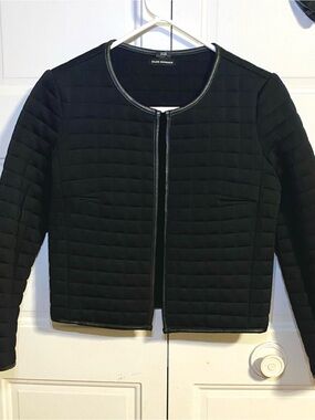 Club Monaco Black Quilted Crop Blazer with Faux-Leather Trim